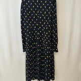 Alessandra Rich Black Silk Flower Printed Midi Dress with Crystal Buttons Size IT 44 (UK 12) RRP £1,350