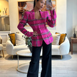 Area Hot Pink & Black Checked Blazer with Cut-Out Detail & Crystals Embellishments Size US 6 (UK 10)