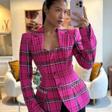 Area Hot Pink & Black Checked Blazer with Cut-Out Detail & Crystals Embellishments Size US 6 (UK 10)