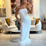 16Arlington White Minelli Strapless Midi Dress with Feather Trim Detail Size FR 34 (UK 6)