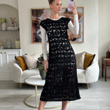 Chanel Black Crochet Short Sleeve Midi Dress with White Long-Sleeve Under-Layer Set Size FR 34 (UK 6)