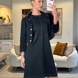 Courreges Black Short Jacket and Midi Dress Set With White Stitching Detail & White Buttons FR 40/38 (UK 10-12)