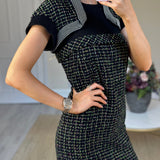 Chanel Black, Green and Pink Tweed Midi Dress with Mesh Inserts Size FR 36 (UK 8)