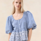 Roeffler Randall - Jodie Blue Gingham Embroidered Top