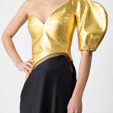 GABRIELA HEARST - Giulia Maxi Dress in Gold Metallic Nappa Leather & Black Silk Velvet