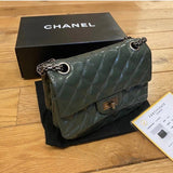 Chanel Patent Leather Olive Green Classic Flap With Silver Hardware