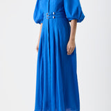 GABRIELA HEARST - Elea Pleated Maxi Dress in Sapphire Aloe Linen