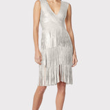 Herve Leger - V NECK FOIL FRINGED MIDI DRESS