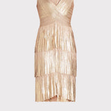 Herve Leger - V NECK FOIL FRINGED MIDI DRESS