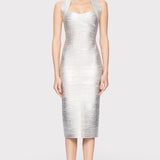 Herve Leger - FOIL HALTER X-BACK MIDI DRESS