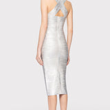 Herve Leger - FOIL HALTER X-BACK MIDI DRESS