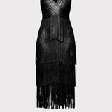 Herve Leger - V NECK FOIL FRINGE MIDI DRESS