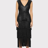 Herve Leger - V NECK FOIL FRINGE MIDI DRESS