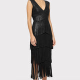 Herve Leger - V NECK FOIL FRINGE MIDI DRESS