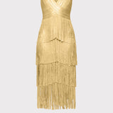 Herve Leger - V NECK FOIL FRINGE MIDI DRESS