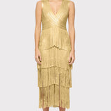 Herve Leger - V NECK FOIL FRINGE MIDI DRESS