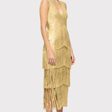 Herve Leger - V NECK FOIL FRINGE MIDI DRESS