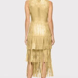 Herve Leger - V NECK FOIL FRINGE MIDI DRESS