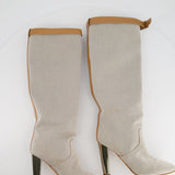 Hermès Stone Canvas Knee High Boots with Tan Buckle Detail Size EU 38