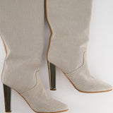 Hermès Stone Canvas Knee High Boots with Tan Buckle Detail Size EU 38