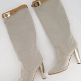 Hermès Stone Canvas Knee High Boots with Tan Buckle Detail Size EU 38