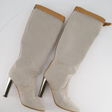 Hermès Stone Canvas Knee High Boots with Tan Buckle Detail Size EU 38