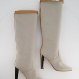 Hermès Stone Canvas Knee High Boots with Tan Buckle Detail Size EU 38