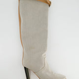 Hermès Stone Canvas Knee High Boots with Tan Buckle Detail Size EU 38