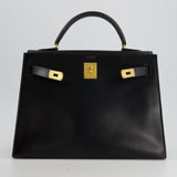 Hermès Vintage Kelly Bag 32cm Sellier in Black Box Calf Leather with Gold Hardware