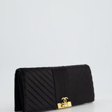 Chanel Black Satin Long-Line Clutch Bag with Brushed Gold Hardware and CC Detail