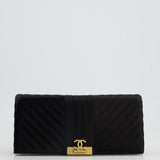 Chanel Black Satin Long-Line Clutch Bag with Brushed Gold Hardware and CC Detail