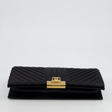 Chanel Black Satin Long-Line Clutch Bag with Brushed Gold Hardware and CC Detail