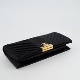 Chanel Black Satin Long-Line Clutch Bag with Brushed Gold Hardware and CC Detail