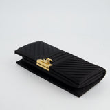 Chanel Black Satin Long-Line Clutch Bag with Brushed Gold Hardware and CC Detail