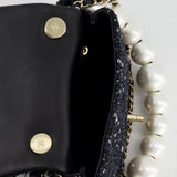 Chanel Navy Sequin Tweed Mini Rectangular Bag with Pearl Rope Handle and Champagne Gold Hardware