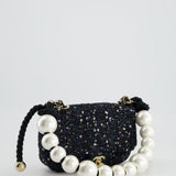 Chanel Navy Sequin Tweed Mini Rectangular Bag with Pearl Rope Handle and Champagne Gold Hardware