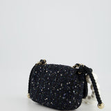 Chanel Navy Sequin Tweed Mini Rectangular Bag with Pearl Rope Handle and Champagne Gold Hardware