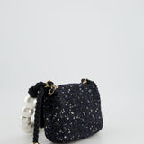 Chanel Navy Sequin Tweed Mini Rectangular Bag with Pearl Rope Handle and Champagne Gold Hardware