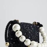 Chanel Navy Sequin Tweed Mini Rectangular Bag with Pearl Rope Handle and Champagne Gold Hardware