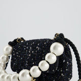 Chanel Navy Sequin Tweed Mini Rectangular Bag with Pearl Rope Handle and Champagne Gold Hardware