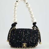 Chanel Navy Sequin Tweed Mini Rectangular Bag with Pearl Rope Handle and Champagne Gold Hardware