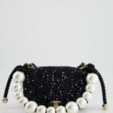 Chanel Navy Sequin Tweed Mini Rectangular Bag with Pearl Rope Handle and Champagne Gold Hardware