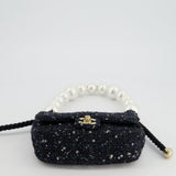 Chanel Navy Sequin Tweed Mini Rectangular Bag with Pearl Rope Handle and Champagne Gold Hardware