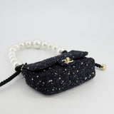 Chanel Navy Sequin Tweed Mini Rectangular Bag with Pearl Rope Handle and Champagne Gold Hardware