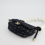 Chanel Navy Sequin Tweed Mini Rectangular Bag with Pearl Rope Handle and Champagne Gold Hardware