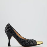 Bottega Veneta Black Quilted Leather Square Metal Cap Toe Pumps Size 39