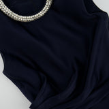 Alexander McQueen Navy Silk Midi Dress with Ruching and Silver Diamante Neck Detail Size IT 38 (UK 6)