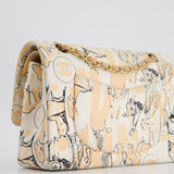 Chanel Peach and White Vintage Coco Print Classic Medium Double Flap Bag in Fabric with Brushed Gold Hardware