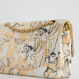 Chanel Peach and White Vintage Coco Print Classic Medium Double Flap Bag in Fabric with Brushed Gold Hardware