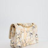 Chanel Peach and White Vintage Coco Print Classic Medium Double Flap Bag in Fabric with Brushed Gold Hardware